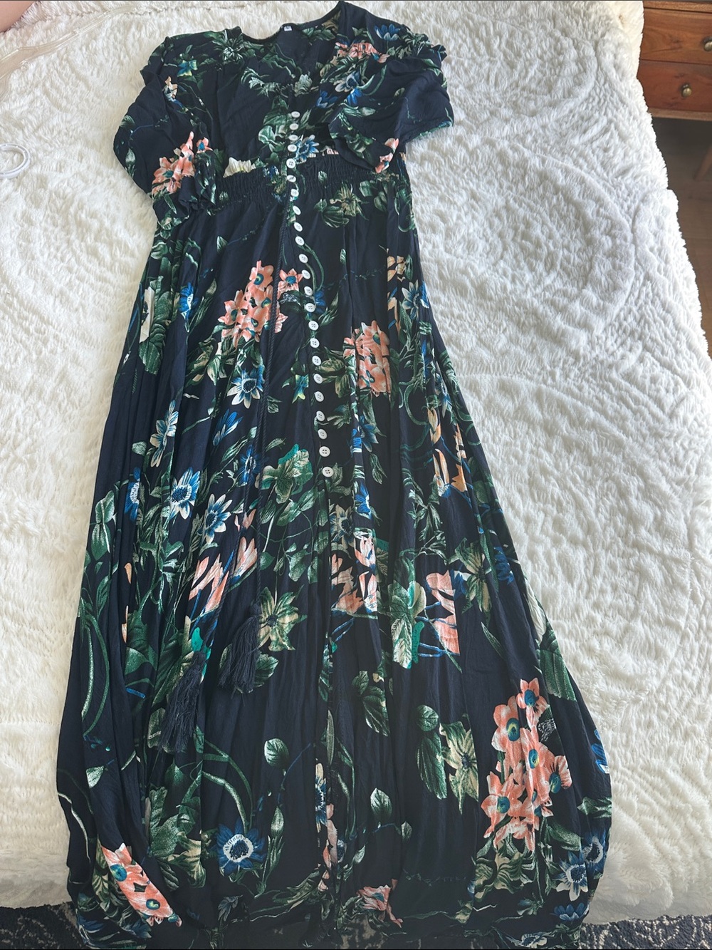 Floral Button-Front Navy Maxi Dress
